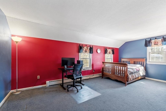 carpeted bedroom featuring baseboards, a textured ceiling, and vaulted ceiling