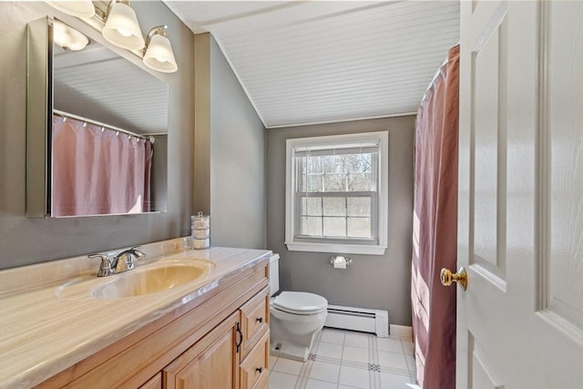 full bath with toilet, vanity, baseboards, and a baseboard radiator