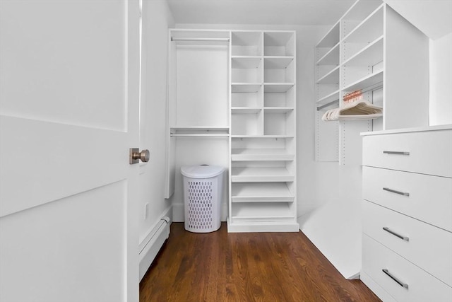 spacious closet featuring baseboard heating and dark wood-style flooring