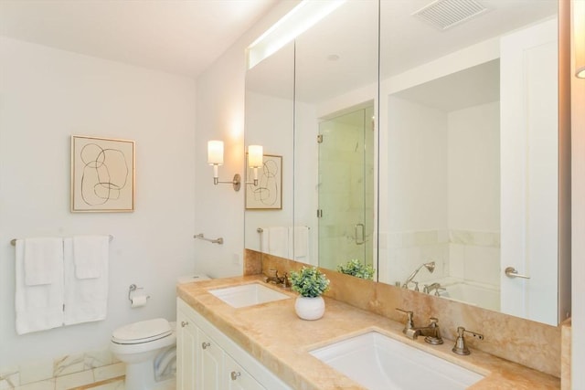 full bath featuring a stall shower, toilet, visible vents, and a sink