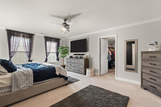 carpeted bedroom featuring ceiling fan, a walk in closet, ornamental molding, and a closet