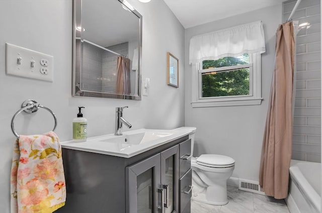 2 Walker St, Norton, MA 02766 - bathroom with vanity, marble look tiles, toilet, shower / bath combo with shower curtain, and baseboards