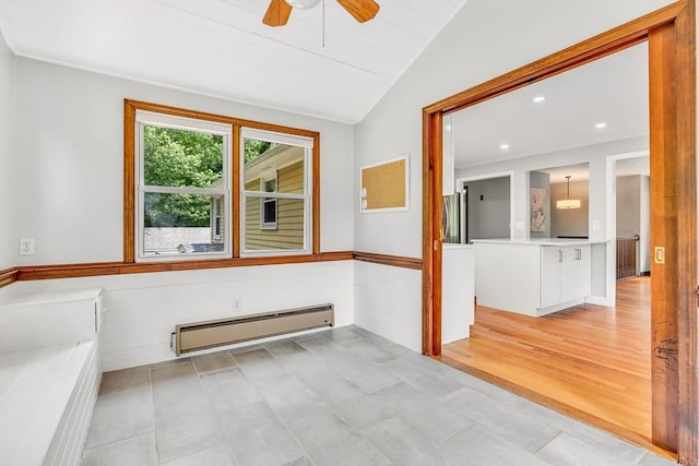 2 Walker St, Norton, MA 02766 - empty room featuring a baseboard radiator, lofted ceiling, a ceiling fan, and recessed lighting