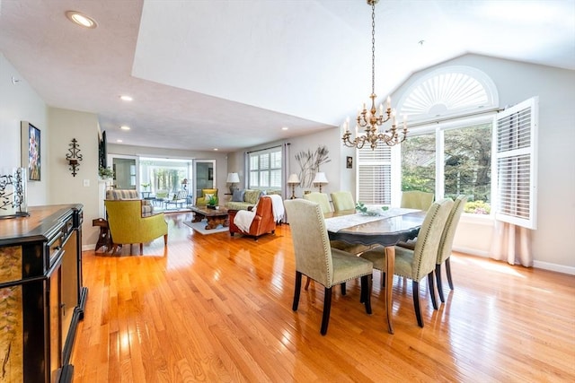 19 Longwood Rd Unit 243, Mashpee, MA 02649 - dining area featuring a chandelier, light wood-type flooring, recessed lighting, vaulted ceiling, and baseboards
