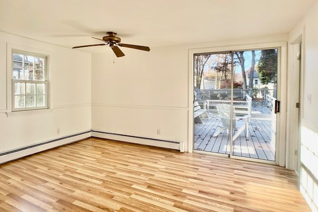 spare room with a healthy amount of sunlight, light wood-type flooring, and a baseboard heating unit