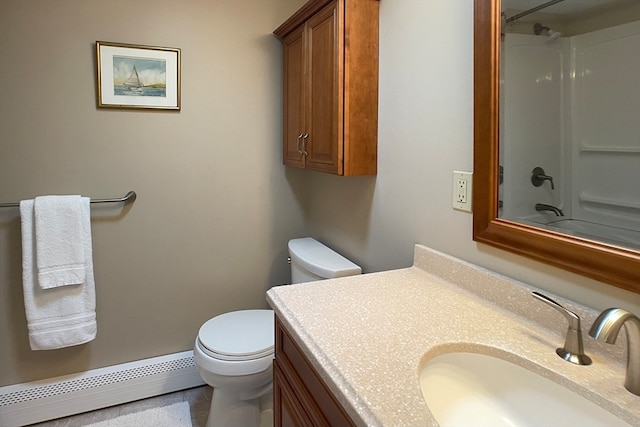 full bathroom with toilet, vanity, shower / washtub combination, and a baseboard heating unit