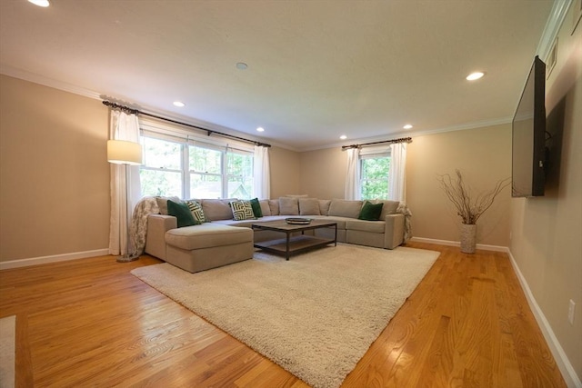 13 Valleywood Rd, Hopkinton, MA 01748 - living room featuring baseboards, light wood-style floors, recessed lighting, and ornamental molding