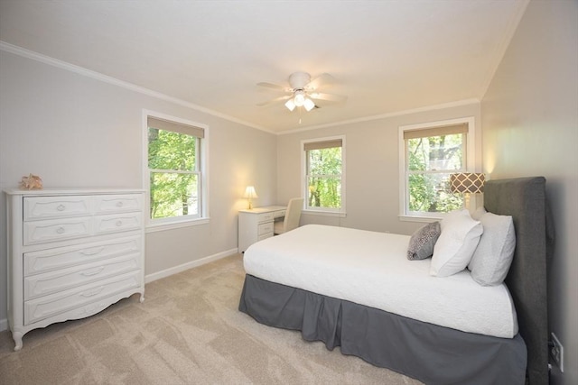 13 Valleywood Rd, Hopkinton, MA 01748 - bedroom featuring baseboards, light colored carpet, multiple windows, ornamental molding, and ceiling fan