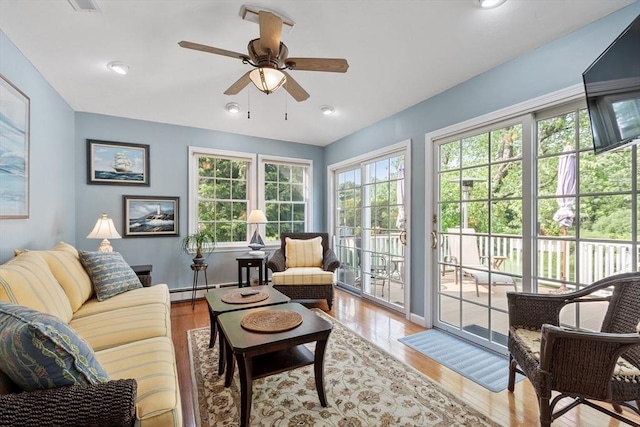 9 New Meadow Rd, Lynnfield, MA 01940 - living room featuring a ceiling fan, wood finished floors, and recessed lighting