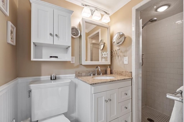 9 New Meadow Rd, Lynnfield, MA 01940 - full bathroom with a wainscoted wall, a stall shower, vanity, and a decorative wall