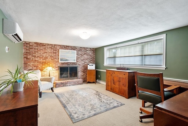9 New Meadow Rd, Lynnfield, MA 01940 - carpeted home office featuring a wall mounted air conditioner, baseboard heating, a textured ceiling, a fireplace, and brick wall