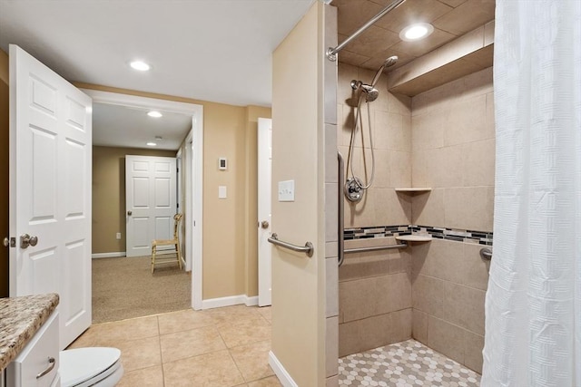 9 New Meadow Rd, Lynnfield, MA 01940 - bathroom with recessed lighting, tiled shower, vanity, and tile patterned floors