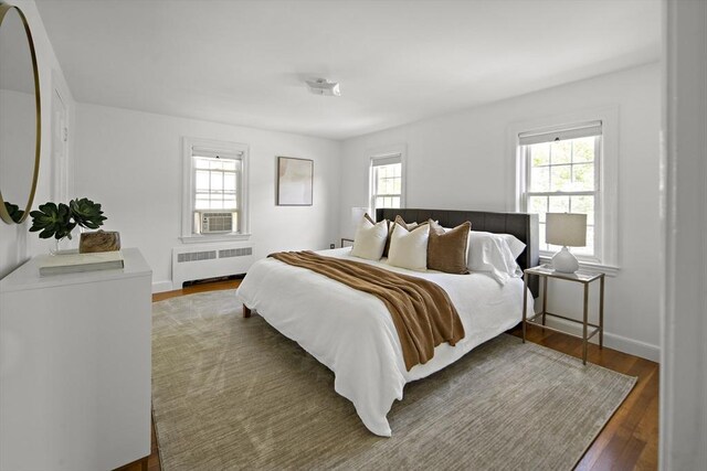 159 Payson Rd, Brookline, MA 02467 - bedroom with radiator heating unit, multiple windows, wood finished floors, and cooling unit