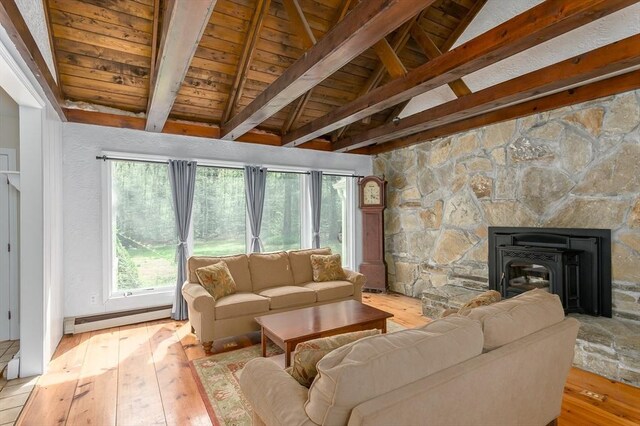 living area with baseboard heating, wood ceiling, hardwood / wood-style floors, and plenty of natural light