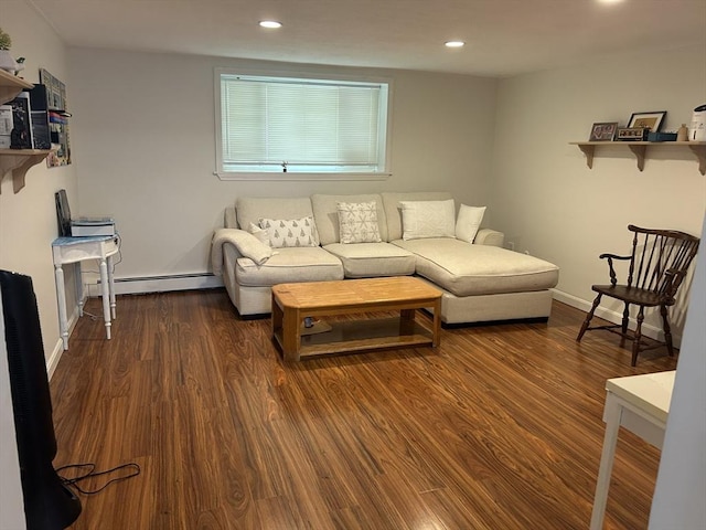 64 Bryon Rd Unit 1, Boston, MA 02467 - living room with wood finished floors, a baseboard radiator, and recessed lighting