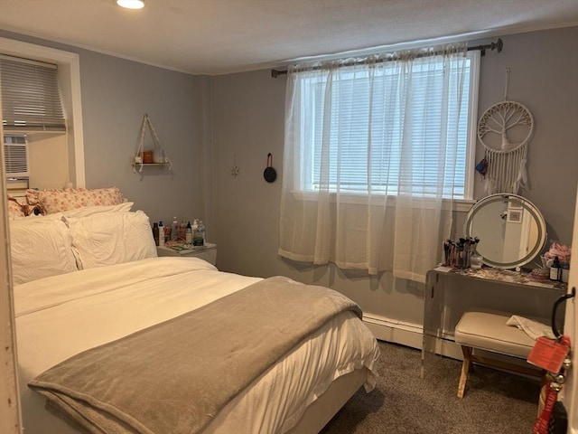 64 Bryon Rd Unit 1, Boston, MA 02467 - carpeted bedroom featuring a baseboard radiator, crown molding, and recessed lighting