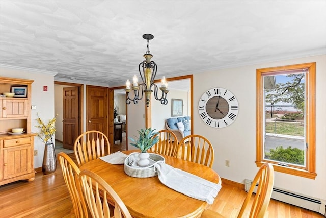 5 S Blvd, Wareham, MA 02558 - dining space featuring light wood-style floors, a chandelier, a baseboard radiator, and baseboards