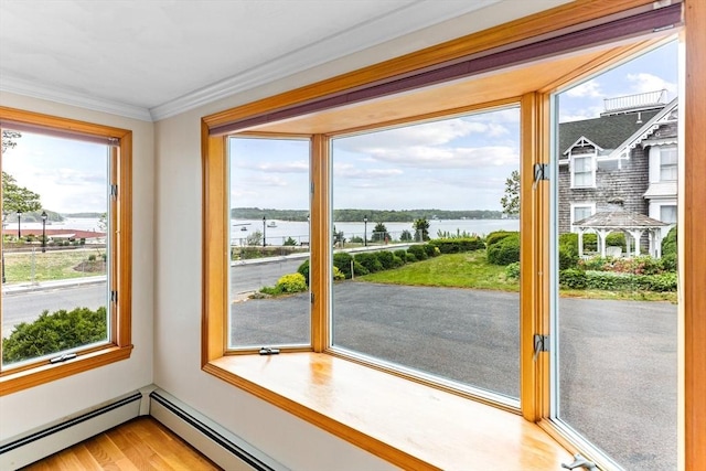 5 S Blvd, Wareham, MA 02558 - entryway with plenty of natural light, a water view, baseboard heating, and ornamental molding