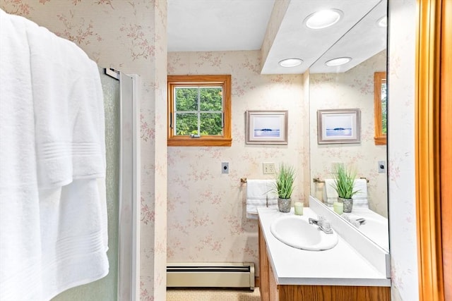 5 S Blvd, Wareham, MA 02558 - bathroom with baseboard heating, wallpapered walls, vanity, a shower stall, and recessed lighting
