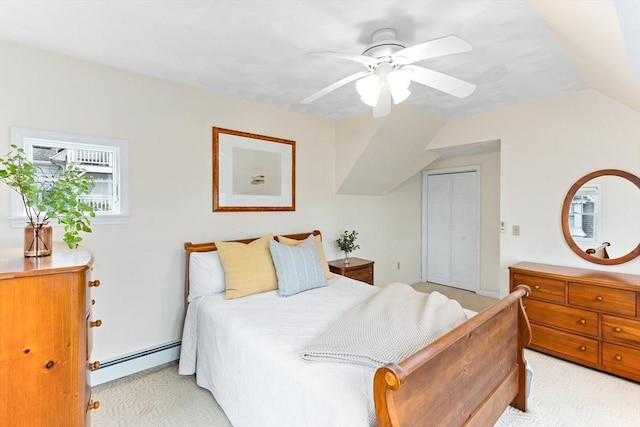 5 S Blvd, Wareham, MA 02558 - bedroom with baseboard heating, light carpet, lofted ceiling, ceiling fan, and a closet