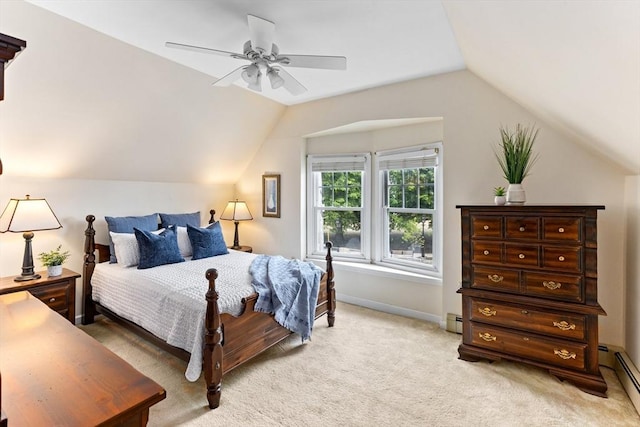 5 S Blvd, Wareham, MA 02558 - bedroom featuring light colored carpet, a baseboard radiator, vaulted ceiling, ceiling fan, and baseboards