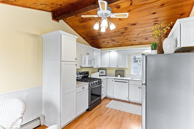 5 S Blvd, Wareham, MA 02558 - kitchen featuring appliances with stainless steel finishes, light wood-type flooring, wooden ceiling, light countertops, and white cabinetry