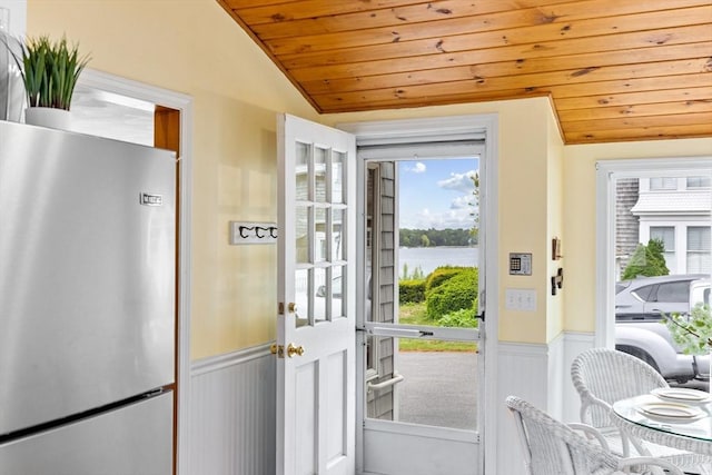 5 S Blvd, Wareham, MA 02558 - doorway with wood ceiling, lofted ceiling, a wainscoted wall, and a water view