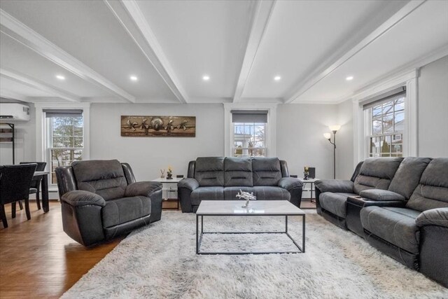 12 Salem St Unit 2, Haverhill, MA 01835 - living room with a wall mounted AC, wood finished floors, recessed lighting, and beamed ceiling