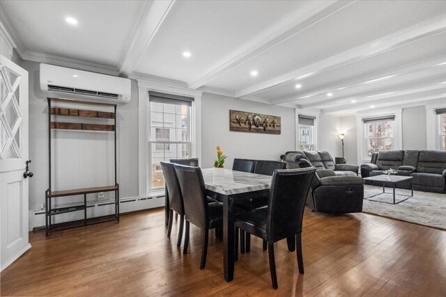 12 Salem St Unit 2, Haverhill, MA 01835 - dining space featuring a wall mounted AC, beamed ceiling, a baseboard radiator, wood finished floors, and recessed lighting
