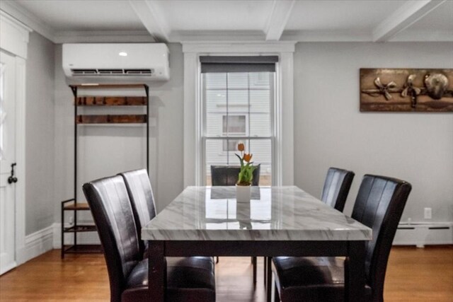 12 Salem St Unit 2, Haverhill, MA 01835 - dining space featuring wood finished floors, an AC wall unit, baseboard heating, and beam ceiling