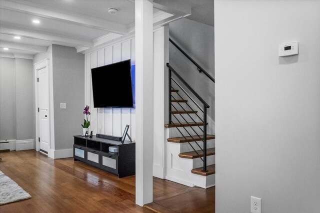12 Salem St Unit 2, Haverhill, MA 01835 - living area featuring stairs, recessed lighting, baseboards, beamed ceiling, and wood finished floors