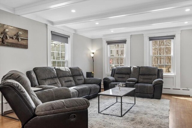 12 Salem St Unit 2, Haverhill, MA 01835 - living room featuring crown molding, wood finished floors, recessed lighting, baseboard heating, and beam ceiling