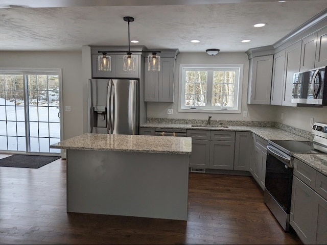 kitchen with a healthy amount of sunlight, appliances with stainless steel finishes, a center island, and dark hardwood / wood-style floors