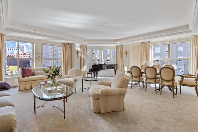 carpeted living room featuring crown molding and a raised ceiling