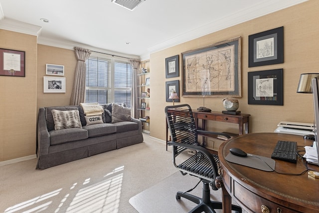 carpeted office with crown molding