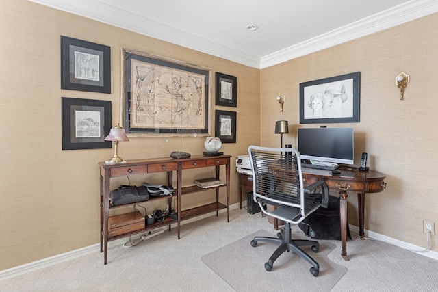 home office with light carpet and crown molding