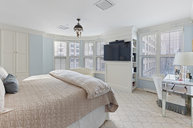 bedroom with light carpet, multiple windows, and crown molding