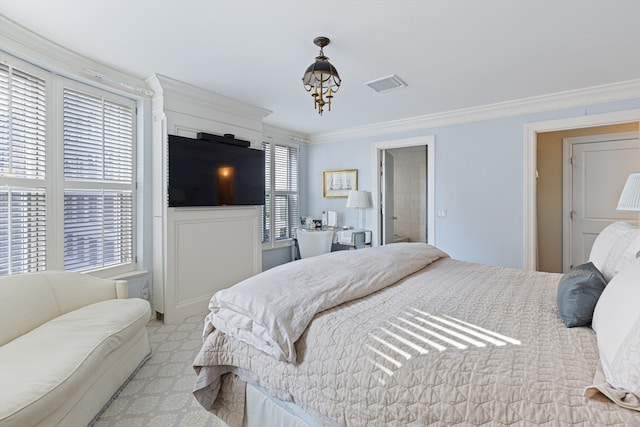 bedroom with multiple windows, light carpet, and crown molding