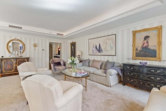 300 Boylston St Unit 517, Boston, MA 02116 - living area featuring carpet floors, wallpapered walls, a tray ceiling, and ornamental molding
