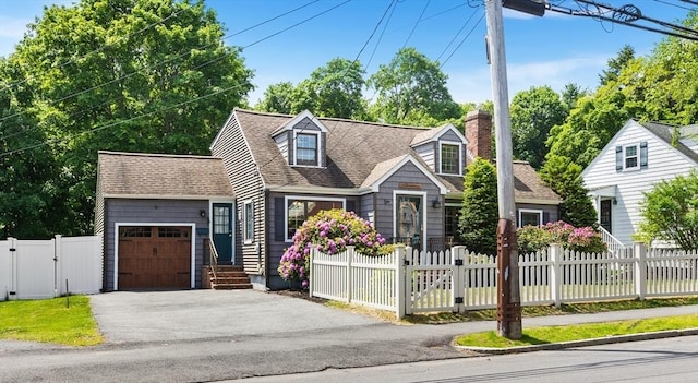 212 Broadway St, Wakefield, MA 01880 - cape cod house with a gate, asphalt driveway, a fenced front yard, and a chimney