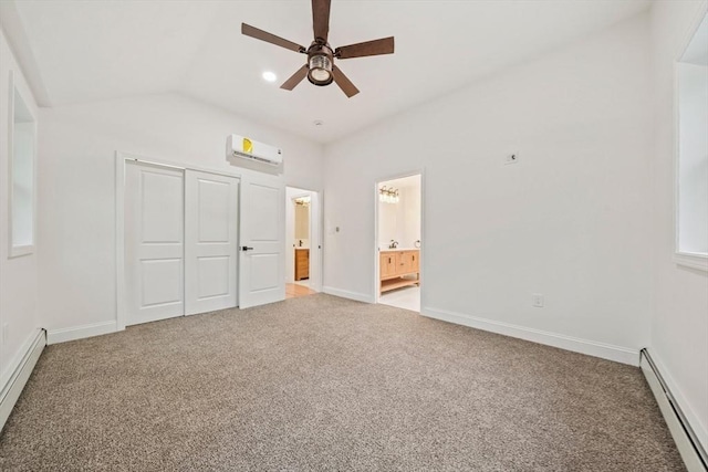 unfurnished bedroom featuring a baseboard radiator, an AC wall unit, baseboards, and carpet flooring