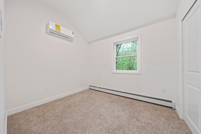 carpeted empty room featuring baseboards, lofted ceiling, a baseboard radiator, and a wall mounted AC