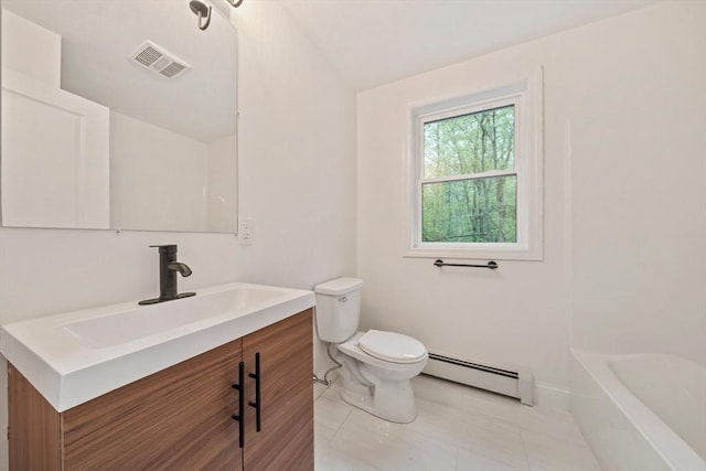 full bath featuring toilet, vanity, visible vents, a baseboard radiator, and a bath