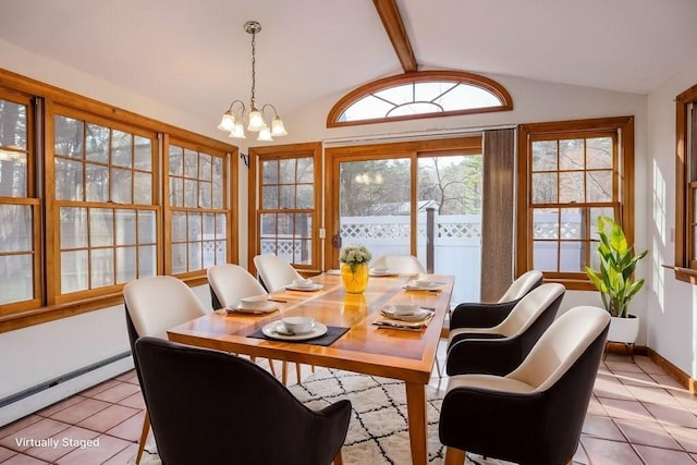 dining room with light tile patterned floors, lofted ceiling with beams, a baseboard radiator, and a notable chandelier