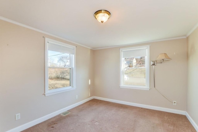 carpeted spare room with crown molding