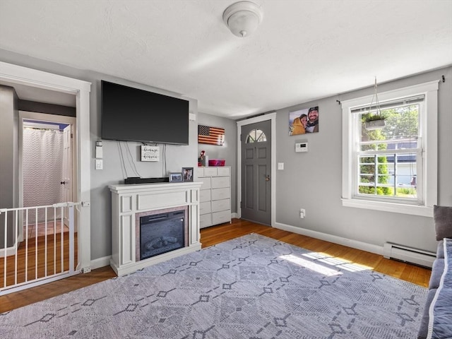 307 Boutelle St, Fitchburg, MA 01420 - living area featuring a baseboard radiator, wood finished floors, and a glass covered fireplace