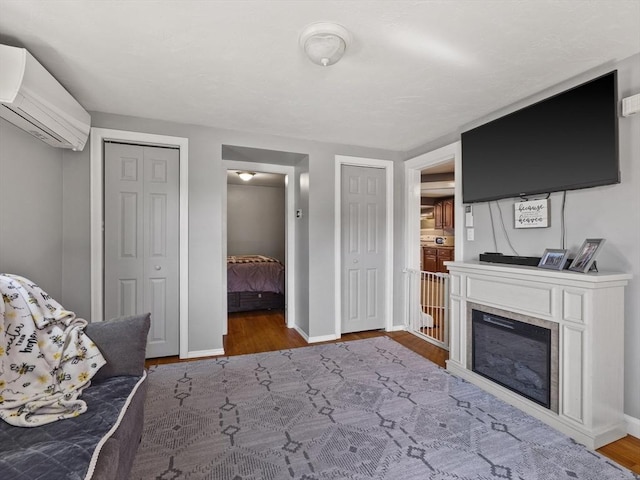 307 Boutelle St, Fitchburg, MA 01420 - bedroom featuring a wall mounted AC, two closets, wood finished floors, and a glass covered fireplace