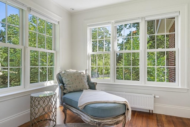 sitting room with radiator heating unit, dark hardwood / wood-style flooring, and ornamental molding