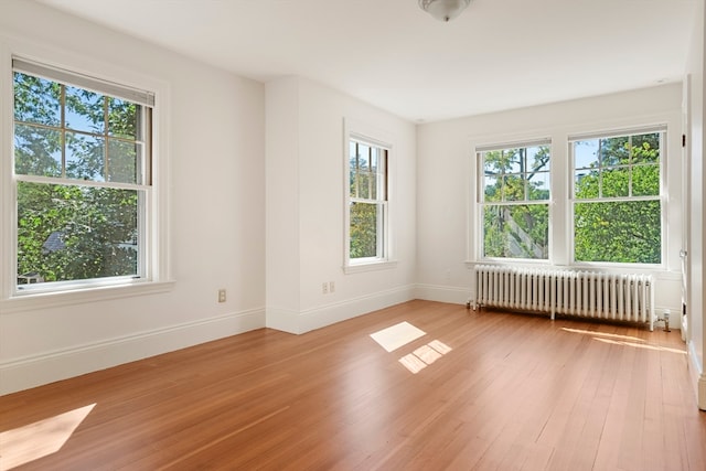 empty room with light wood-type flooring and radiator heating unit