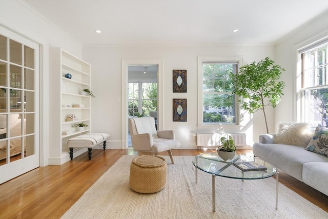 living area featuring wood-type flooring, radiator heating unit, and ornamental molding